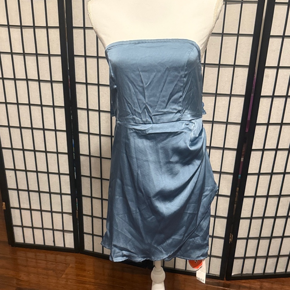 Cider Strapless Dress in Light Blue Satin